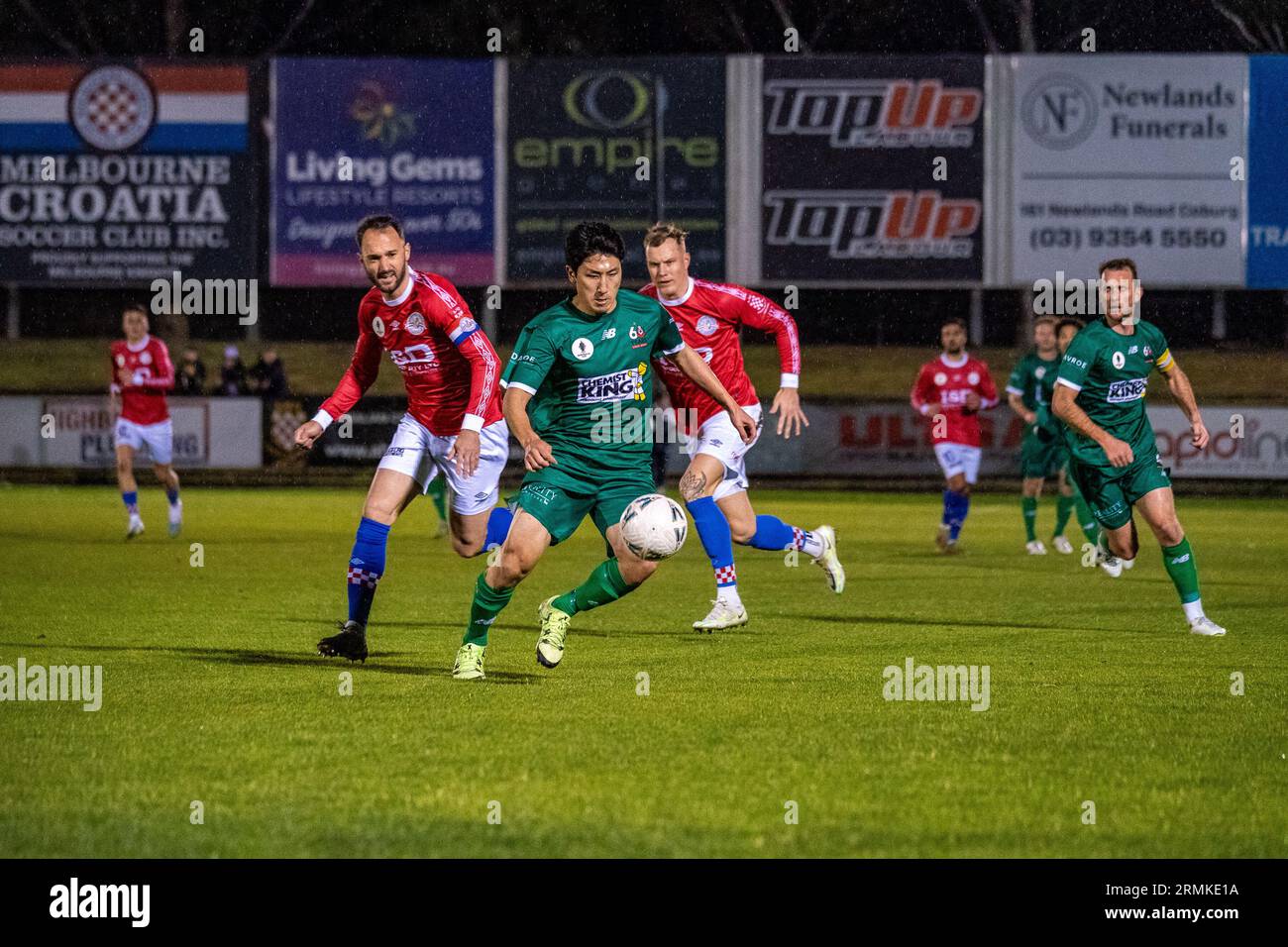 Sunshine North, Australia. 29 August, 2023. Campbelltown City SC player Shogo Yoshikawa pushes forwards on the counter-attack. Credit: James Forrester/Alamy Live News Stock Photo