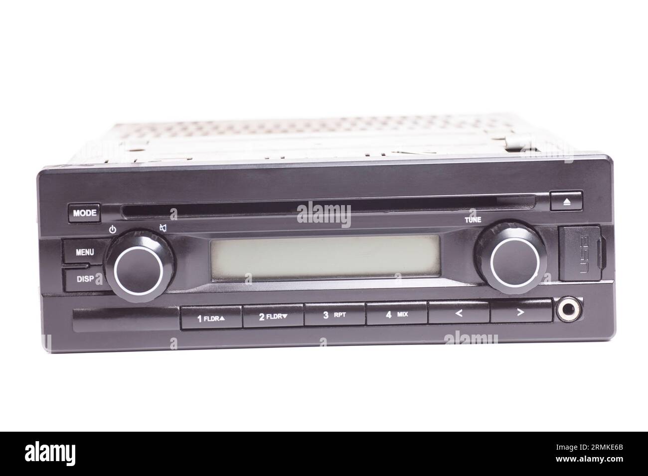 Old car radio, with cd and mp3 music isolated on white background Stock