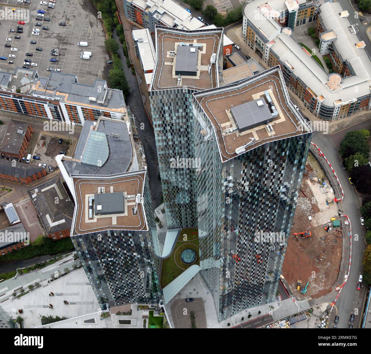 aerial view of aerial view of the Deansgate Square apartment buildings developments in Manchester city centre Stock Photo