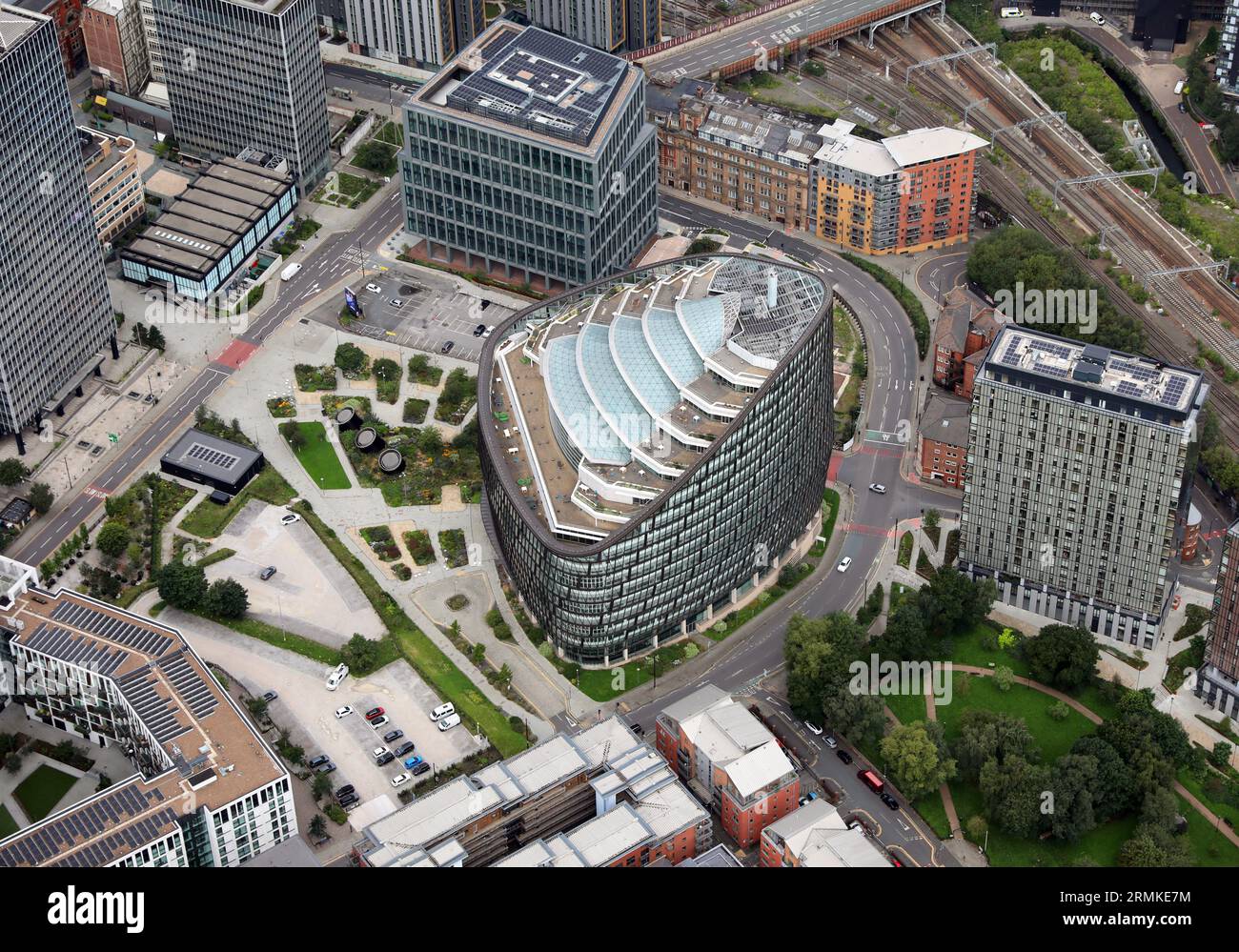 aerial view of One Angel Square (a CIS Building), Angel Square, Manchester Stock Photo