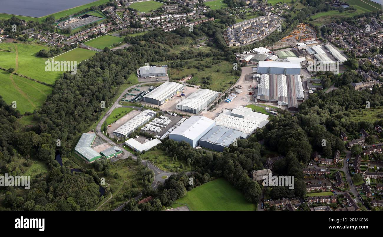 aerial view of Hadfield Industrial estate & Graphite Way, Waterside, Hadfield, Glossop (east of Manchester) Stock Photo