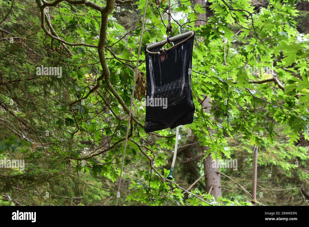 Off grid rustic camp shower hanging from a tree for bathing Stock Photo