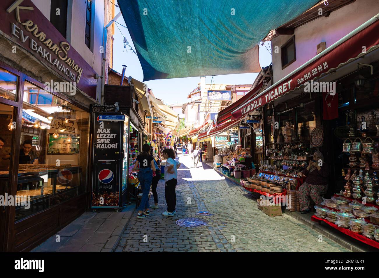 Beypazari streets with people and shops or markets. Ankara Turkiye - 8.5.2023 Stock Photo