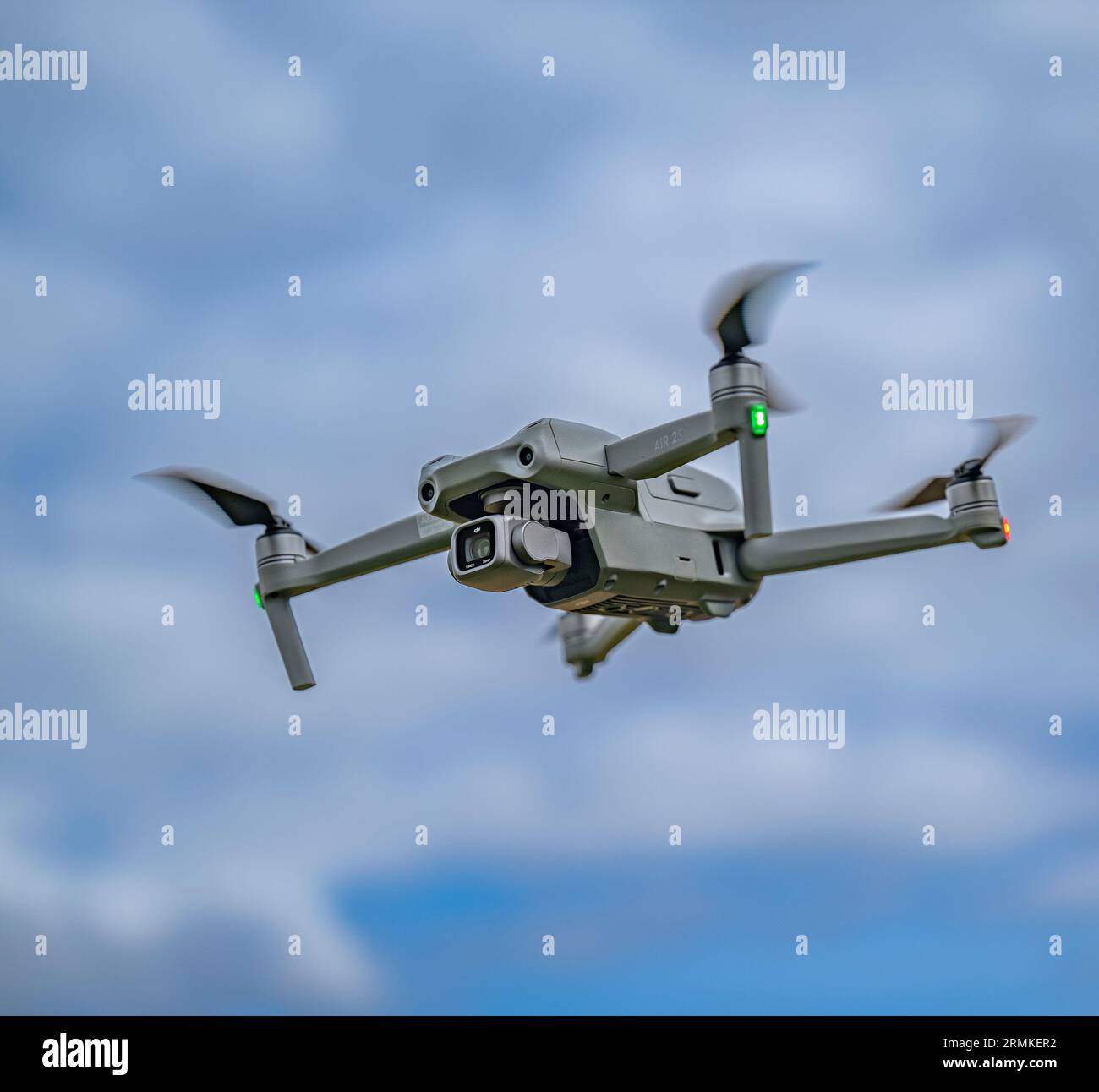 A DJI Air 2S Drone in flight against the sky Stock Photo