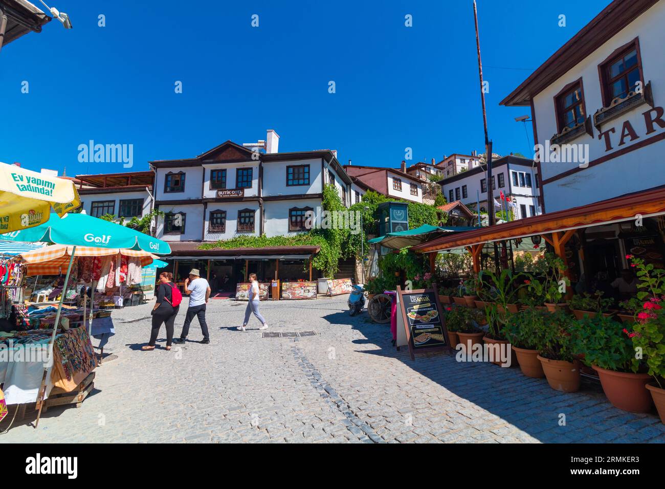 Beypazari street view. Historical buildings and shops with people. Ankara Turkiye - 8.5.2023 Stock Photo