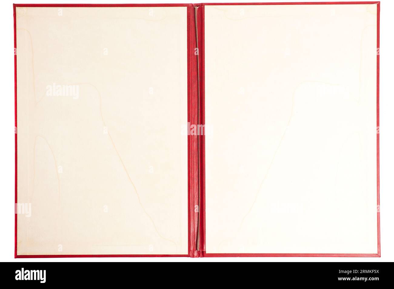 Open red leather note book isolated on white background. Stock Photo
