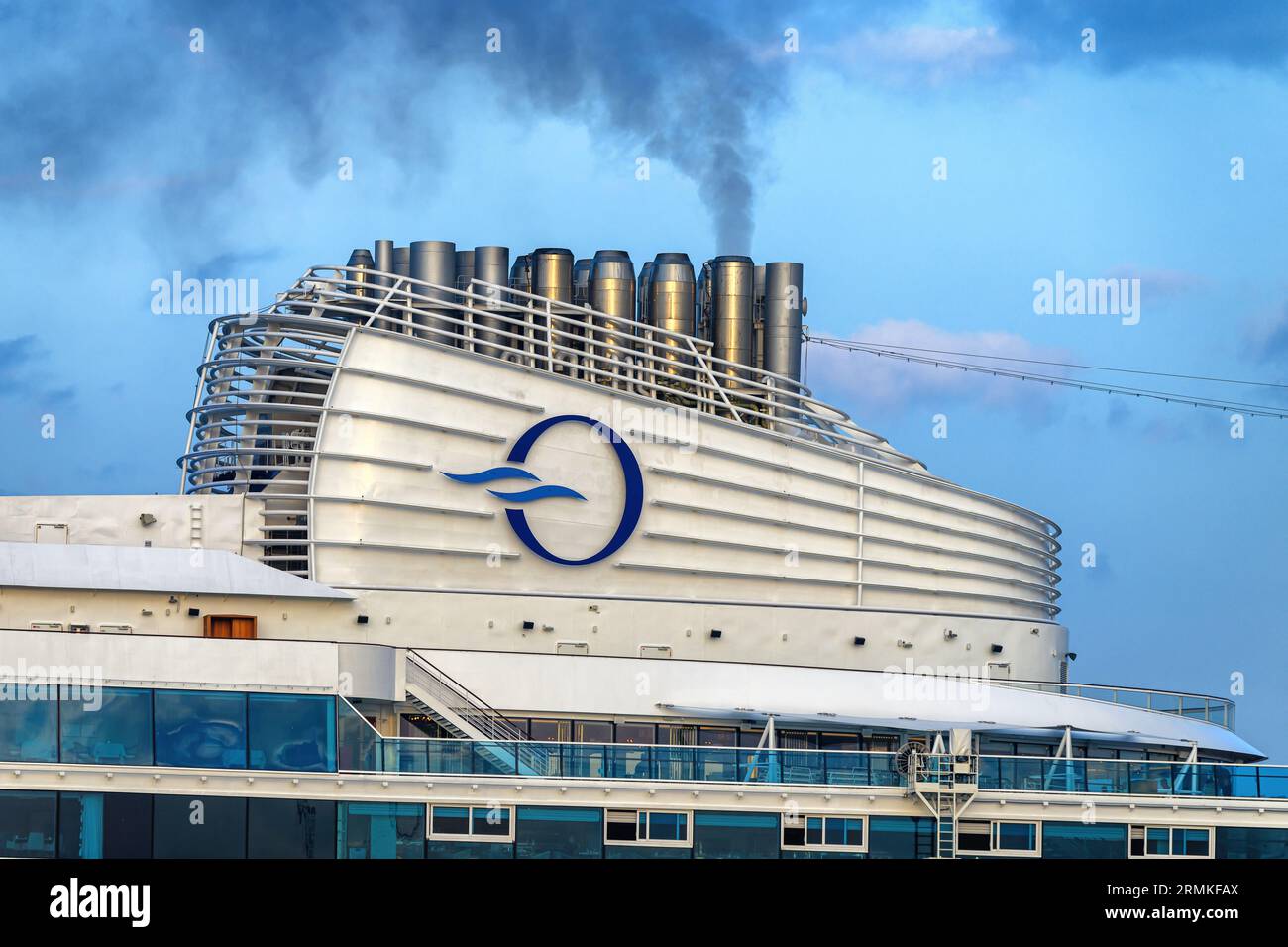 Funnel logo of Vista, an Allura class luxury cruise ship operated by Oceania Cruises, a Norwegian Cruise Line subsidiary. Stock Photo