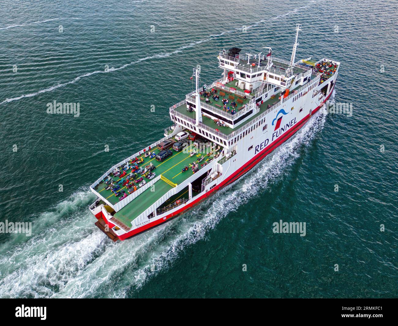 Aerial view of Red Funnel Ferries' Red Eagle underway on a crossing between Cowes on the Isle of Wight and Southampton. Stock Photo