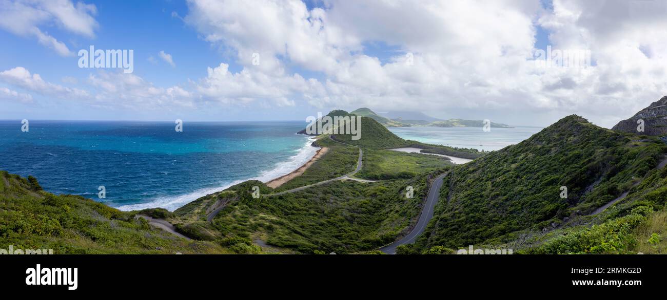 Panoramic view on Timothy Hill lookout of Saint Kitts and Nevis Caribbean island on cruise vacation. Stock Photo
