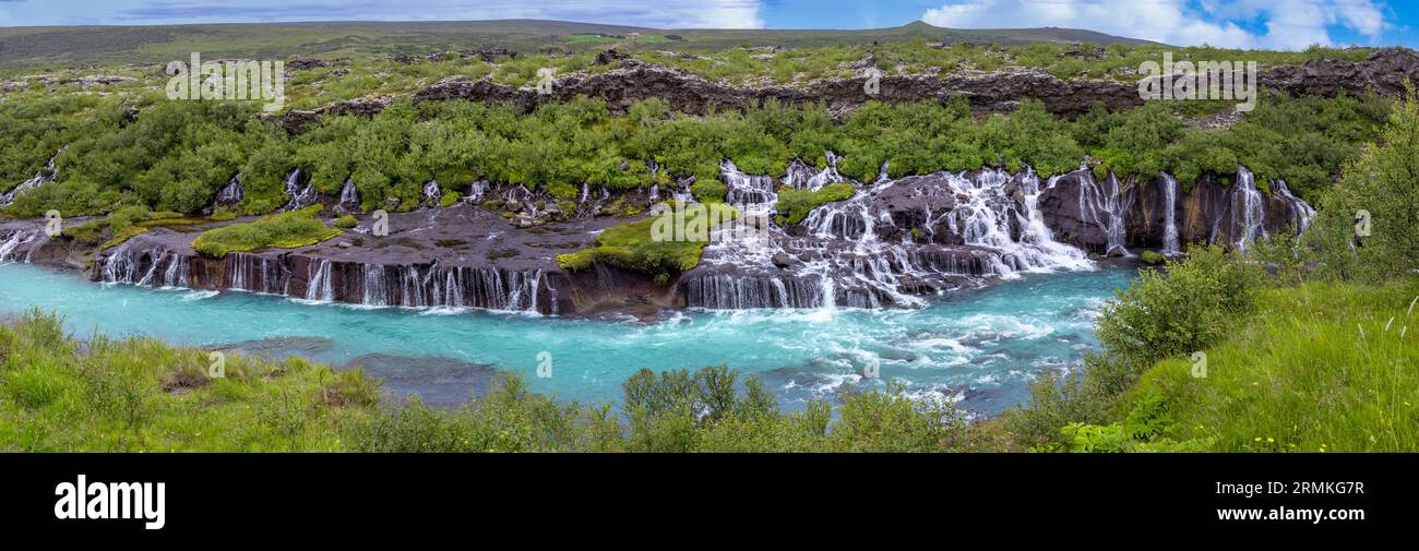 Landmark famous Iceland, Hraunfossar and Barnafoss waterfalls near Reykjavik. Stock Photo