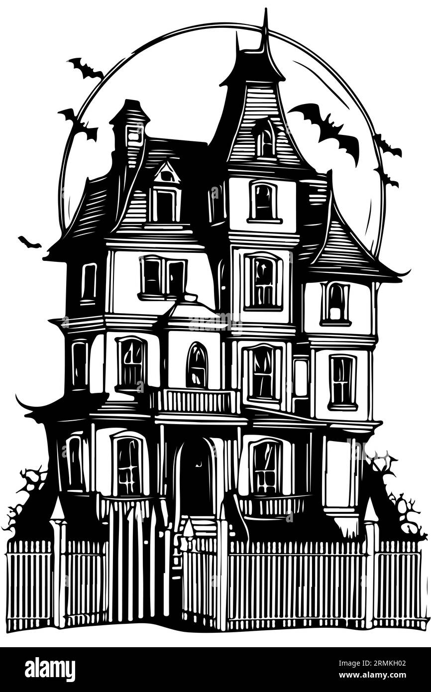 Halloween Scary house sketch with tree and bats Hand Drawn Sketch ...
