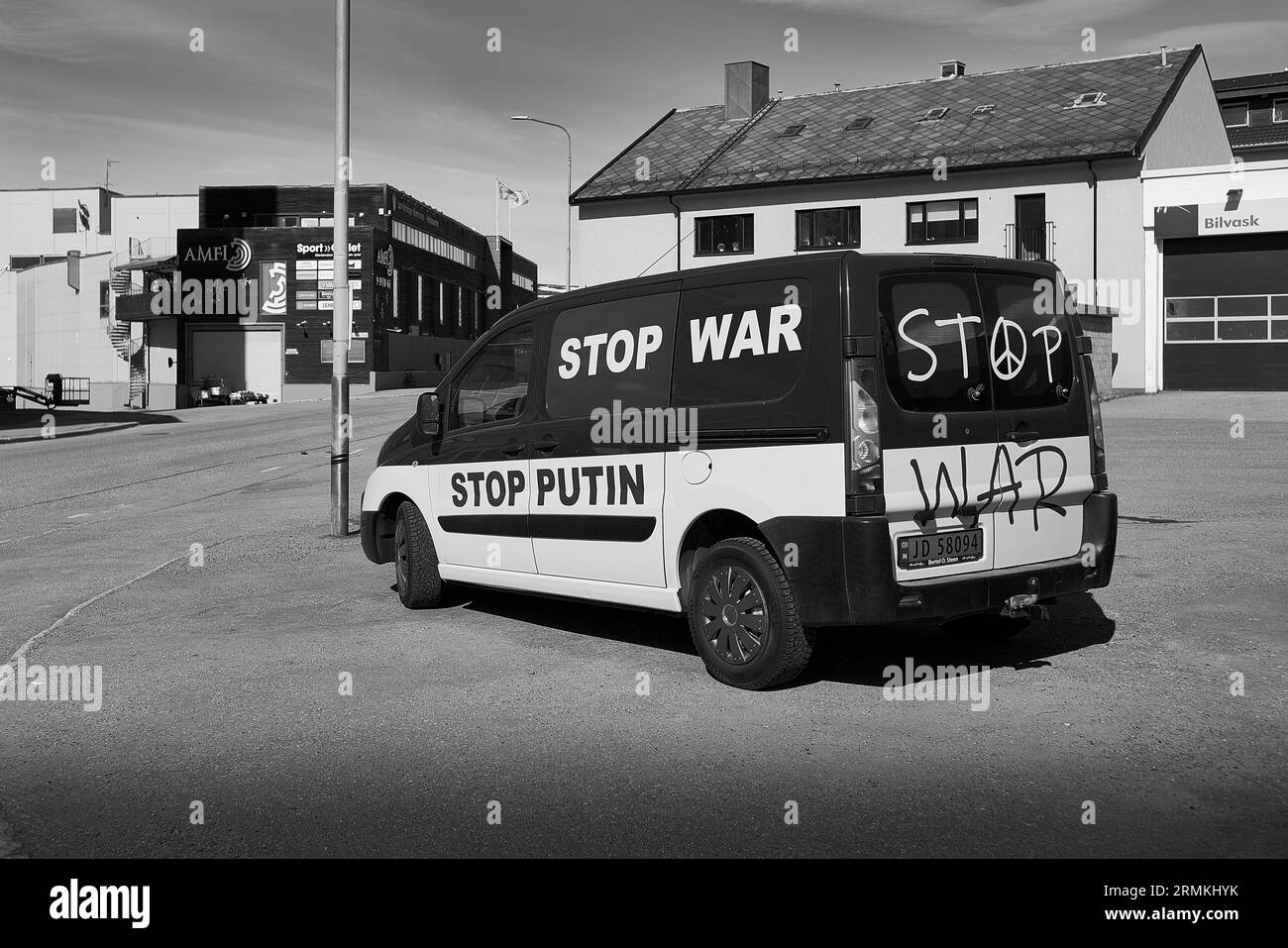 Black And White Photo Of A Norwegian Van With Anti-War / Anti-Putin Markings Parked In Kirkenes, Norway. A Few km From The Russian Border. 7 May 2023 Stock Photo