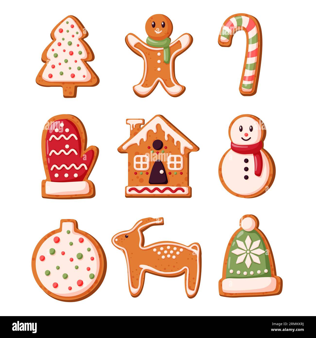 Gingerbread cookies collection in cartoon style. Winter homemade sweets in shape of house, gingerbread man, christmas tree, reindeer, mitten, snowman Stock Vector