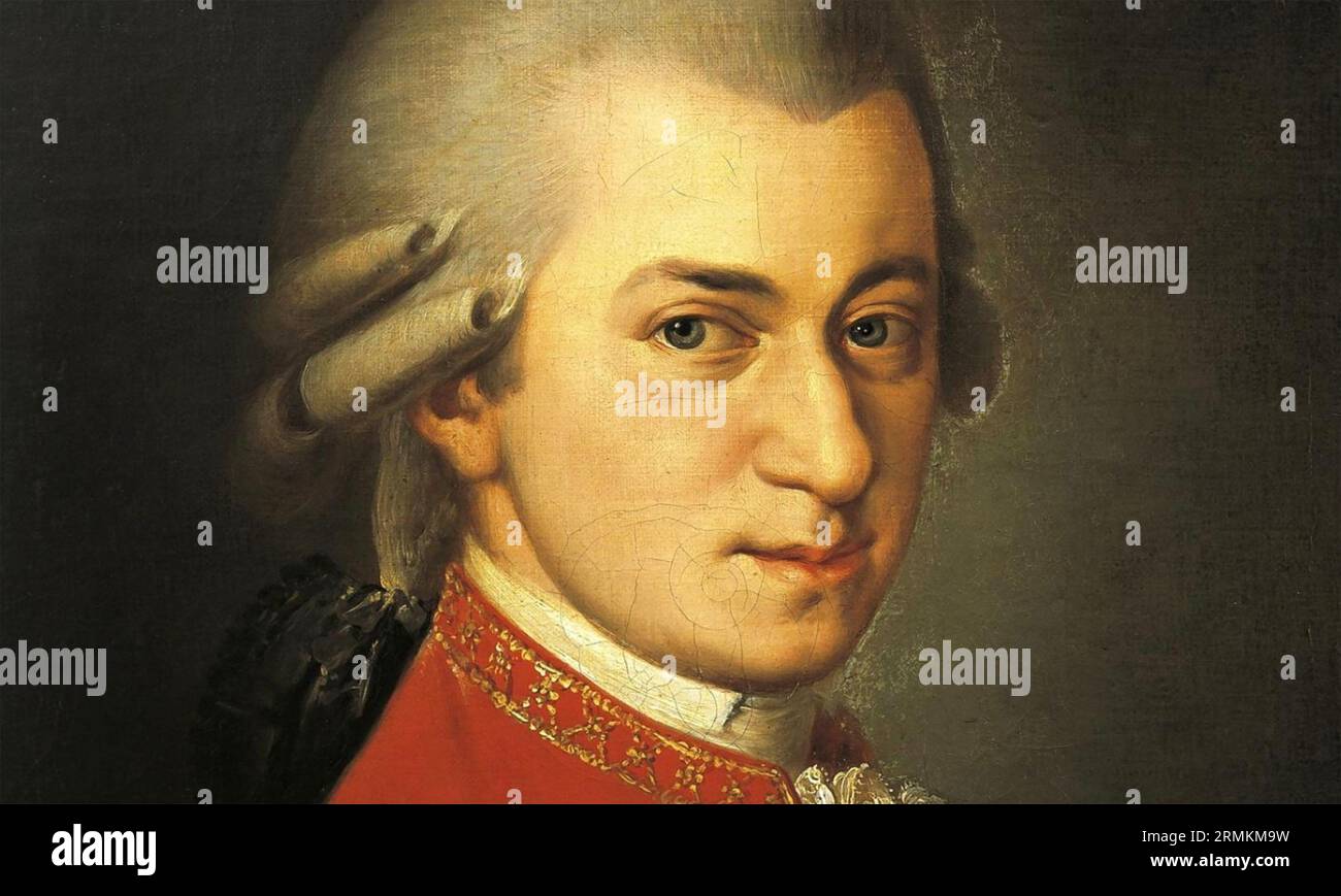 WOLFGANG AMADEUS MOZART  (1756-1791) Salzburg-born musician and composer in a detail from posthumous painting by Barbara Kraft in 1819 baes on a portrait about 1781. Stock Photo