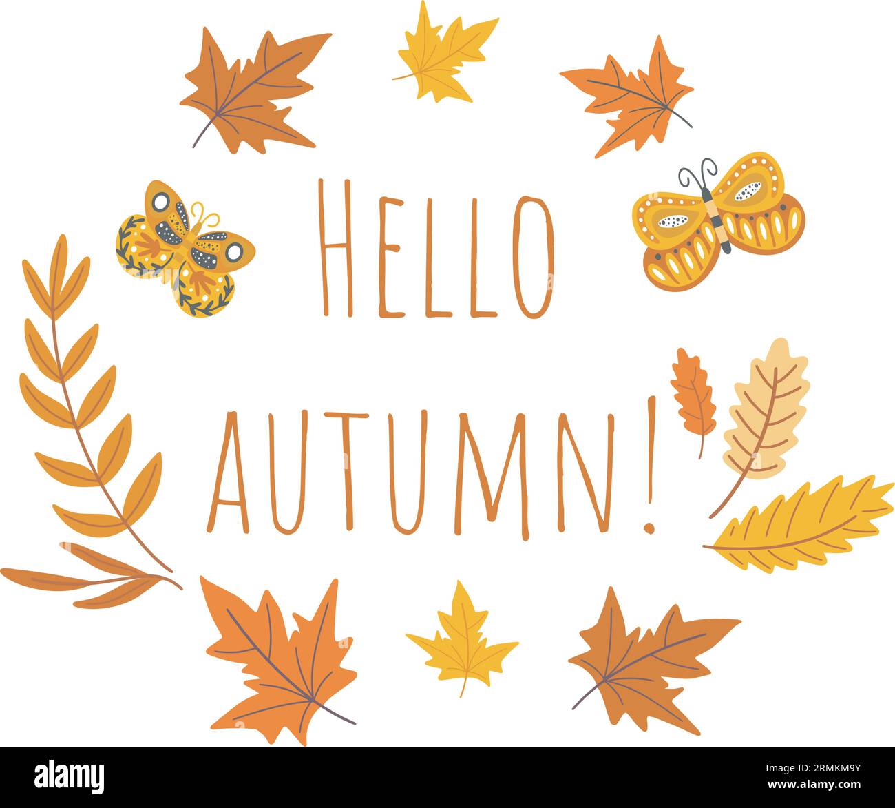 Hello autumn card with falling leaves. Beautiful autumn greeting design. Lettering and foliage, vector illustration Stock Vector
