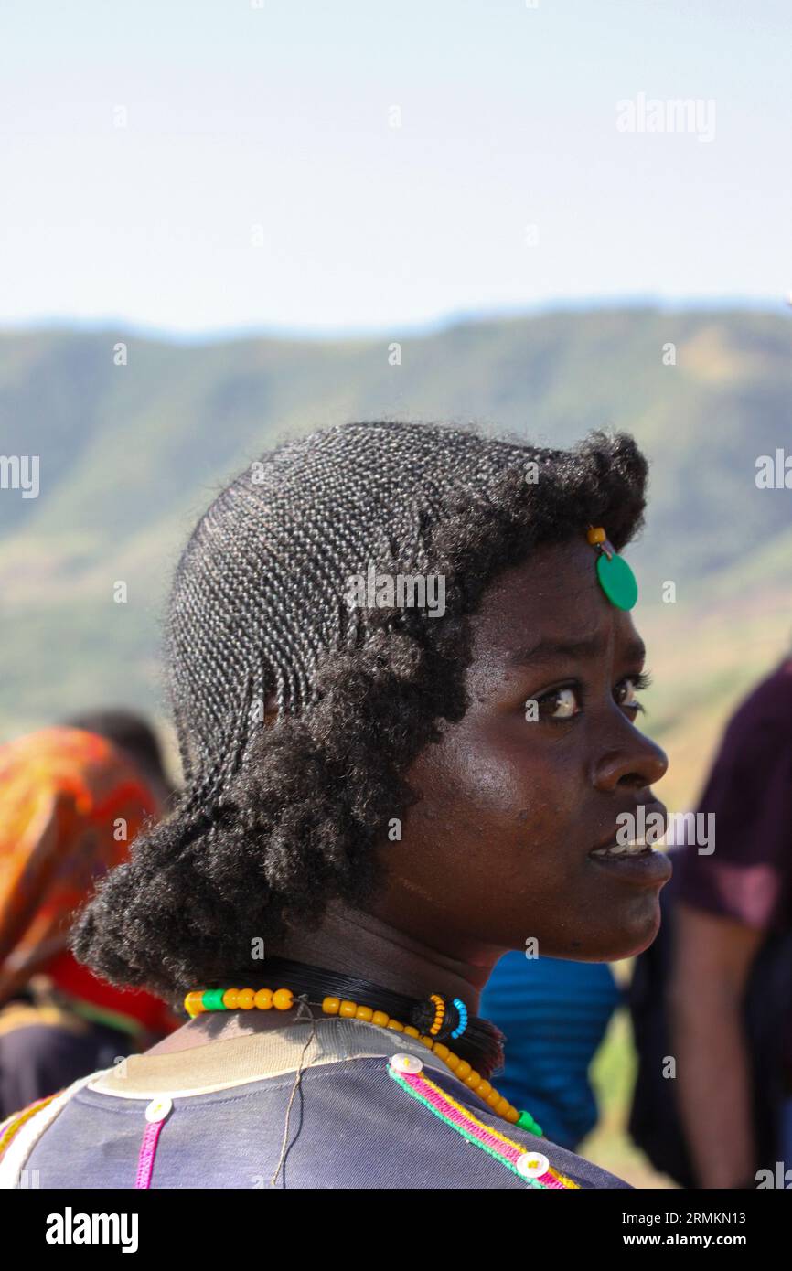 Female member of the Gamo Tribe The Gamo people are an Ethiopian ethnic group located in the Gamo Highlands of southern Ethiopia. They are found in mo Stock Photo