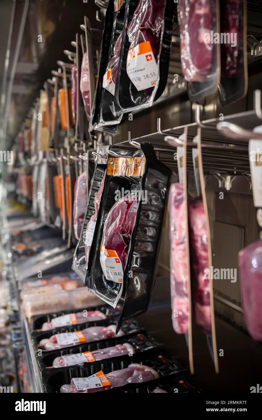 Meat counter, beef shrinkwrapped, supermarket food, Switzerland Stock