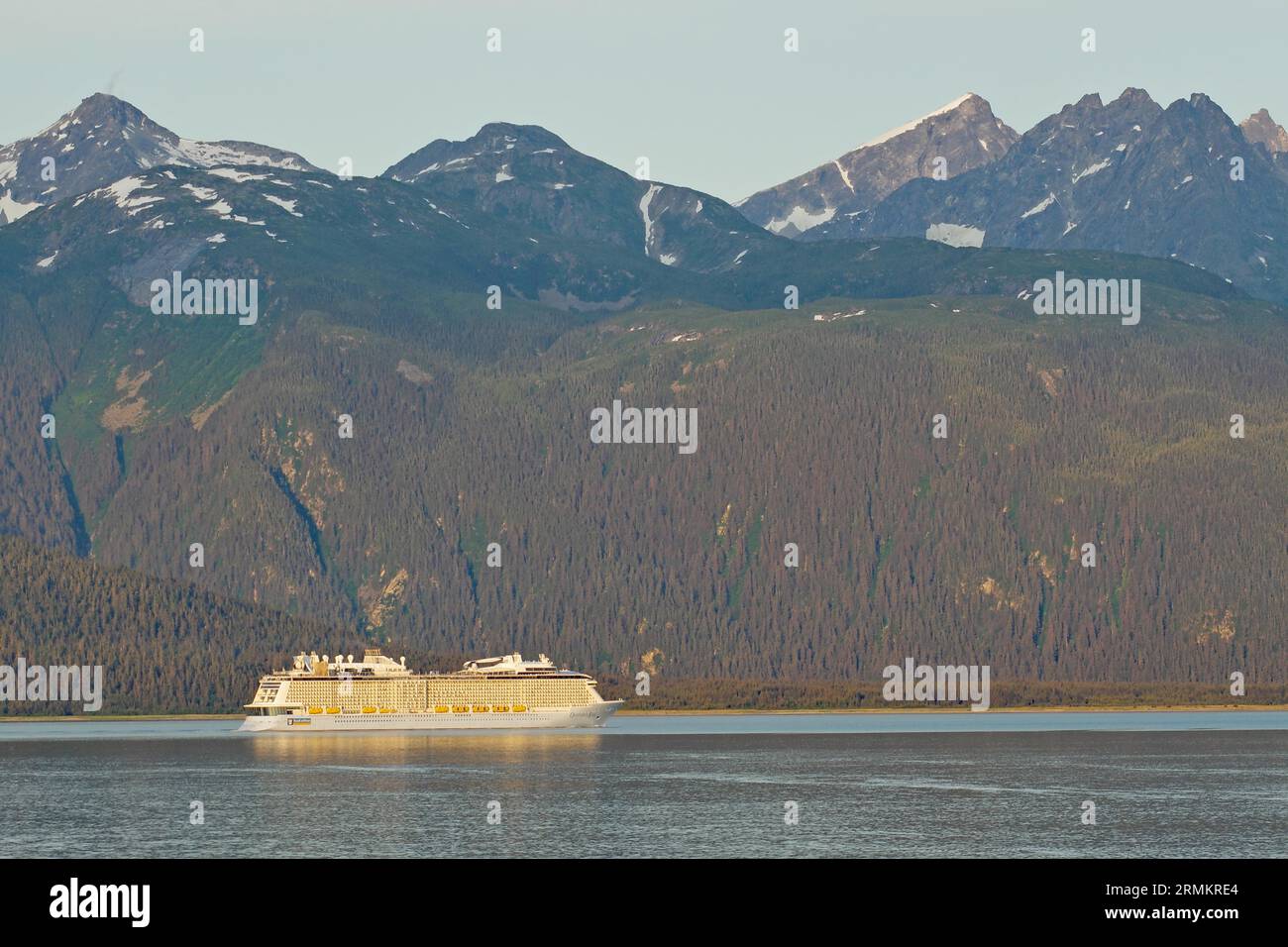 Cruise ship in front of high mountains, Portland Channel, Haines, Inside Passage, Alaska, USA Stock Photo