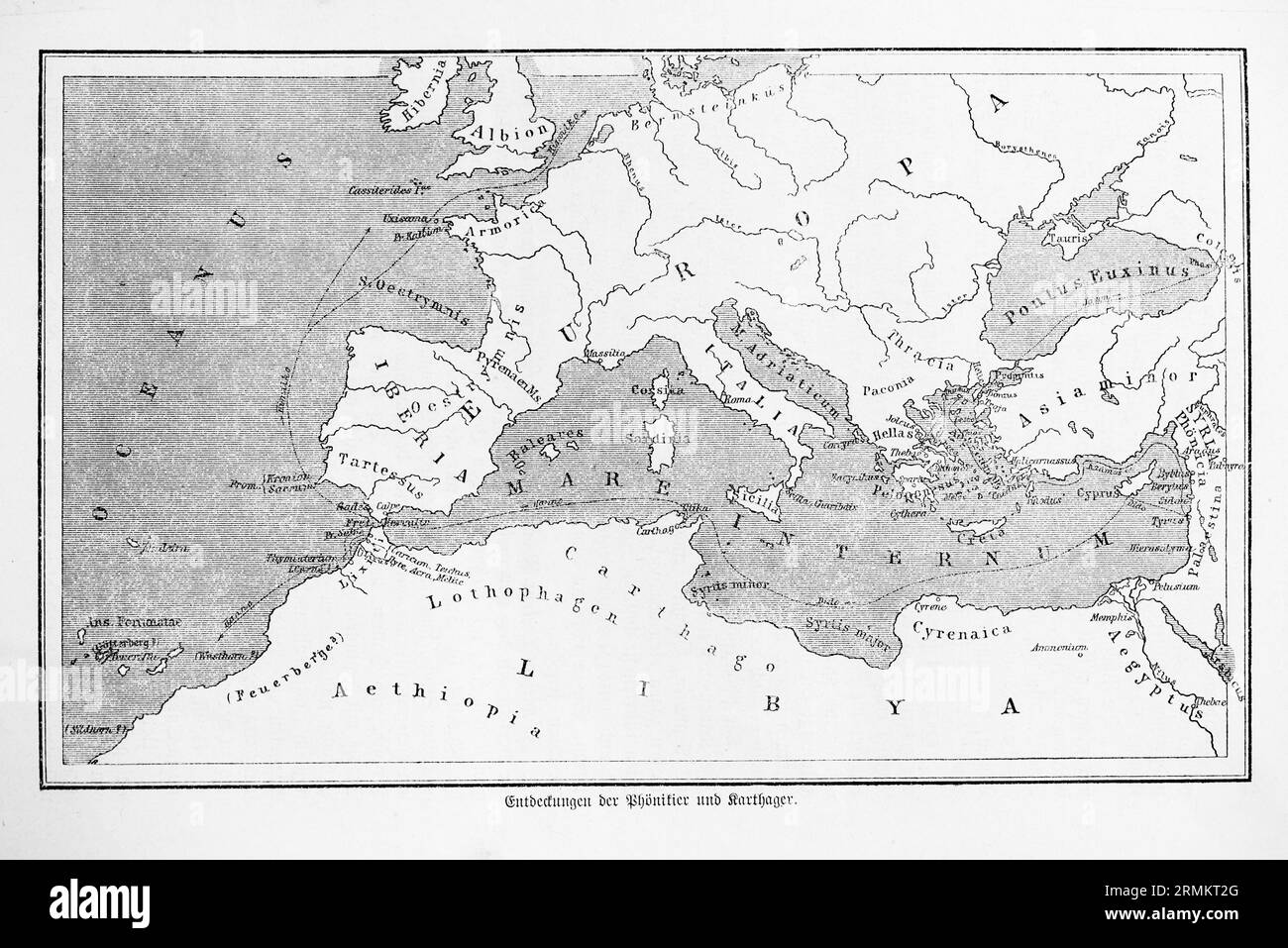 Discoveries of the Phoenicians and Carthaginians, historical map, Mare Internum, Mediterranean Sea, Aethopia, Ethiopia, Palestine, Iberia, Iberian Stock Photo