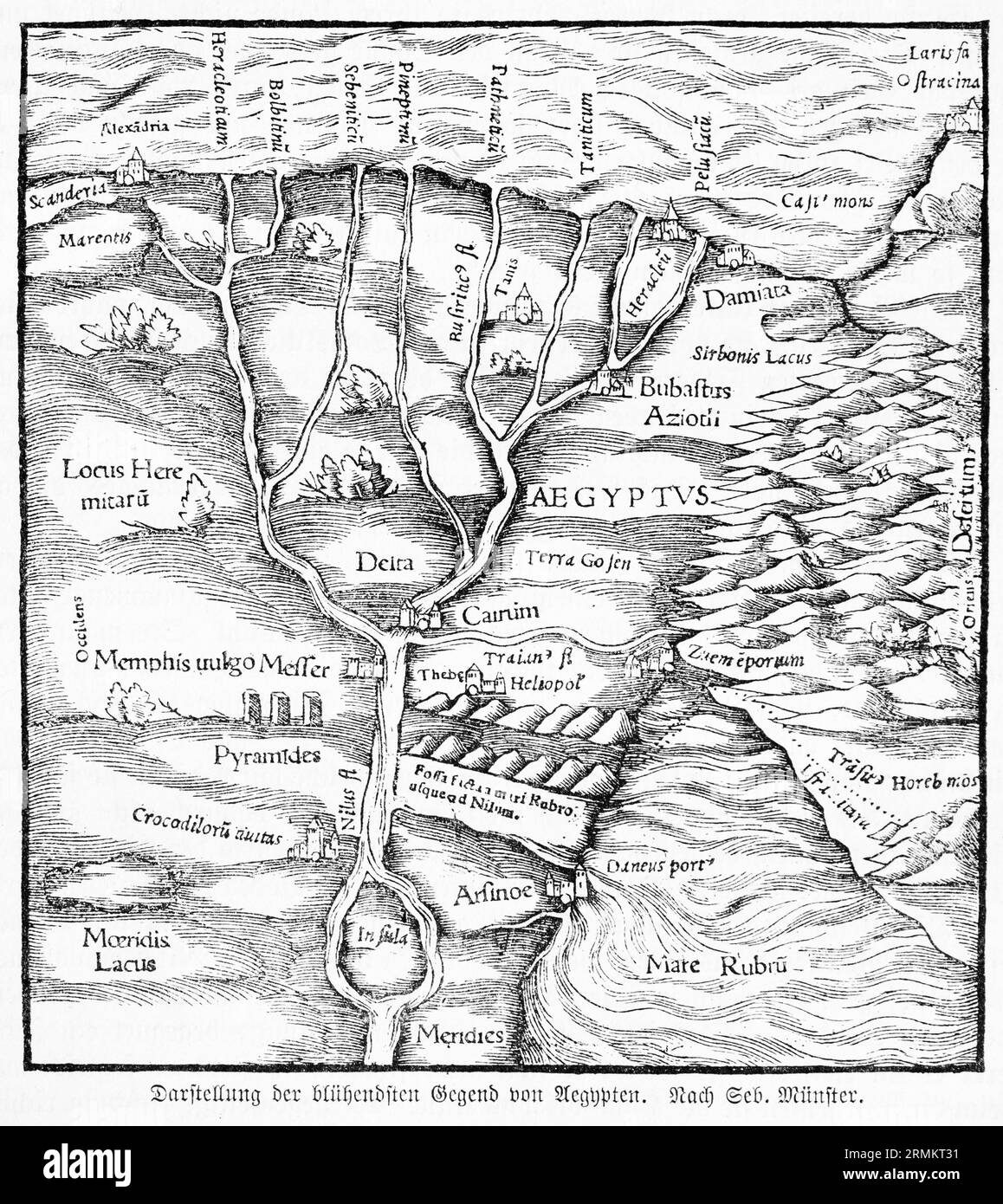 Representation of the most flourishing area of Egypt, antiquity, Nile, estuary, Mediterranean, Alexandria, Red Sea, Sinai, pyramids, drawing Stock Photo