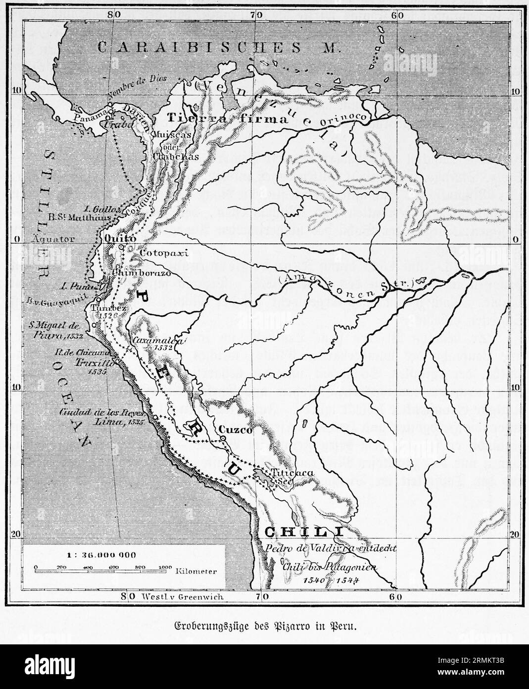 1:36.000.000, Conquest of Francisco Pizarro in Peru, beginning 16th century, Spanish conquest, campaign, colonialism, Amazonas, Caribbean Sea Stock Photo