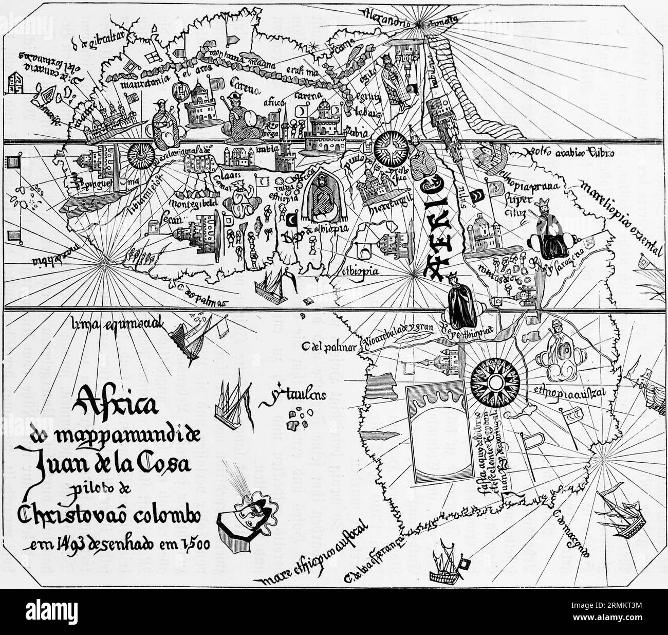 Continent of Africa around the year 1500, 16th century, many religious symbols, defence towers, bridges, sailing ships, Atlas mountains, coasts, load Stock Photo
