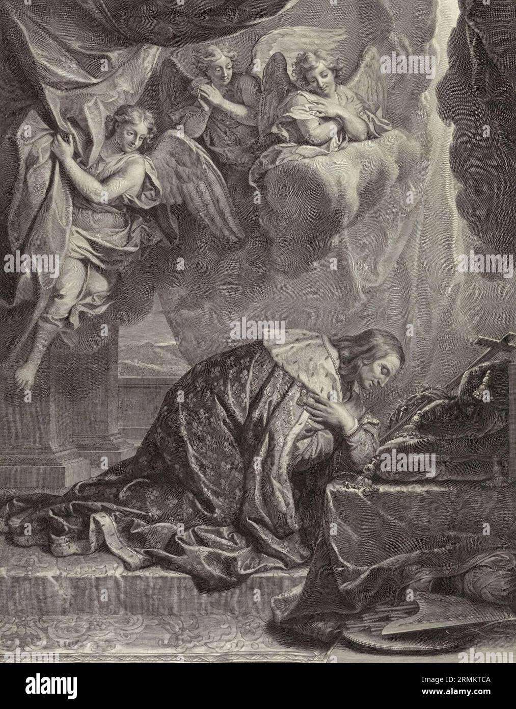 Ludwig XIV. kniend vor dem Kreuz und der Dornenkrone, Historisch, digital restaurierte Reproduktion von einer Vorlage aus der Vergangenheit  /  Louis XIV kneeling before the cross and crown of thorns, Historical, digitally restored reproduction from a template from the past Stock Photo