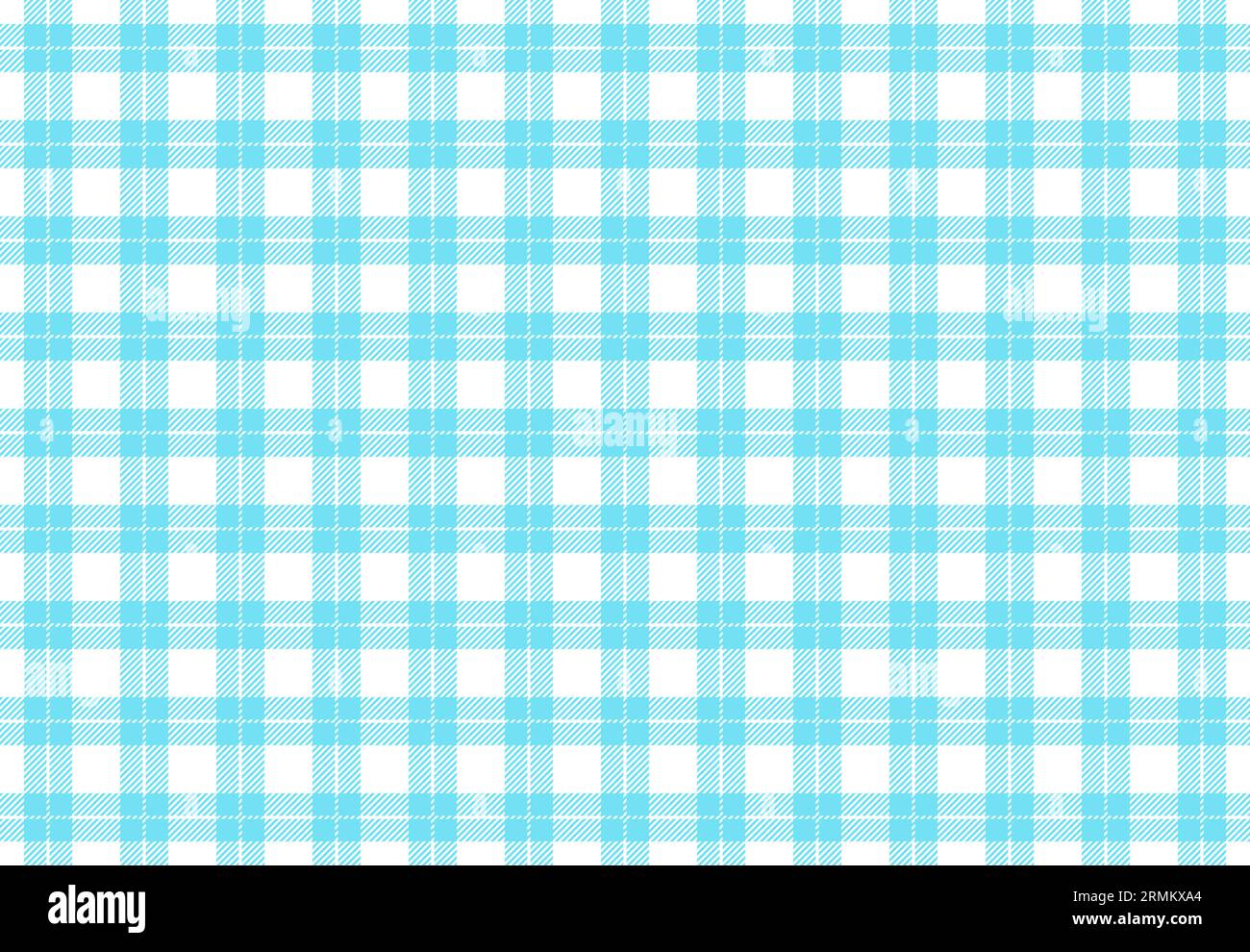 Buffalo plaid pattern woven from two different colors, light blue and white, creating a symmetrical arrangement of intersecting stripes Stock Photo