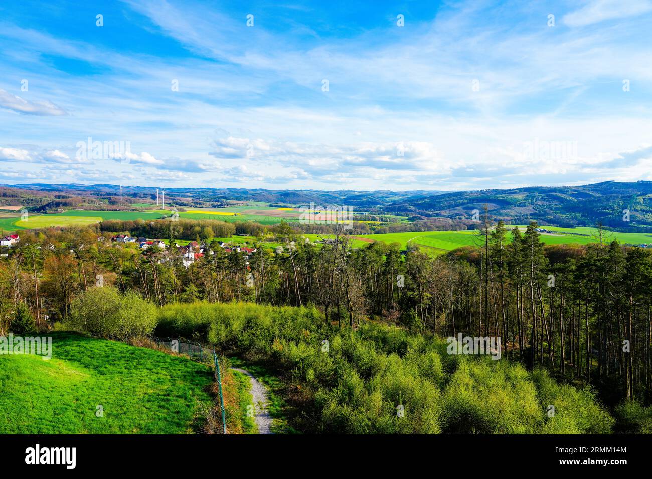 Landscape at Ebberg near Balve. Green nature with forests and meadows ...