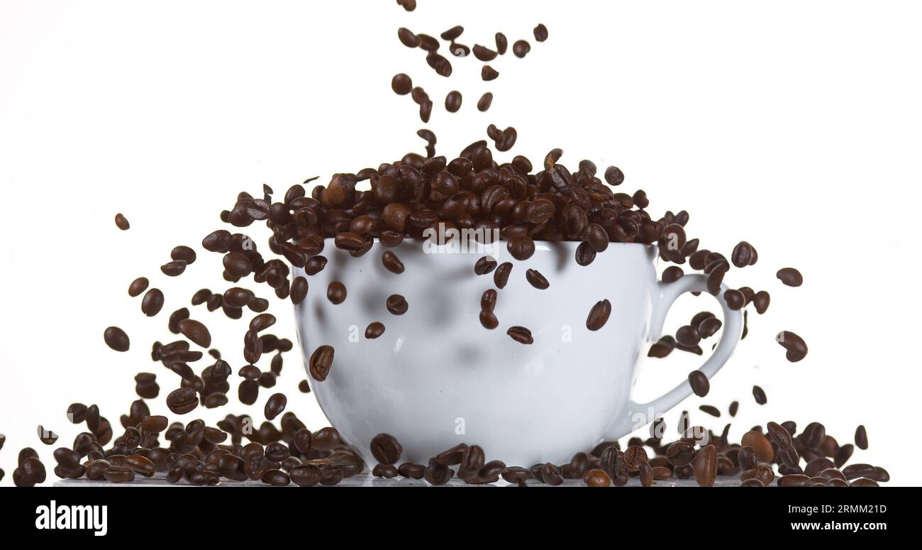 Coffee Beans Falling into a Cup against White Background Stock Photo ...