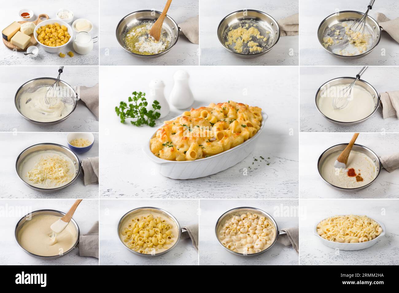 Cooking Mac and cheese, American pasta in cheese sauce, collage, step by step, do it yourself, ingredients, cooking steps, final dish on a light gray Stock Photo