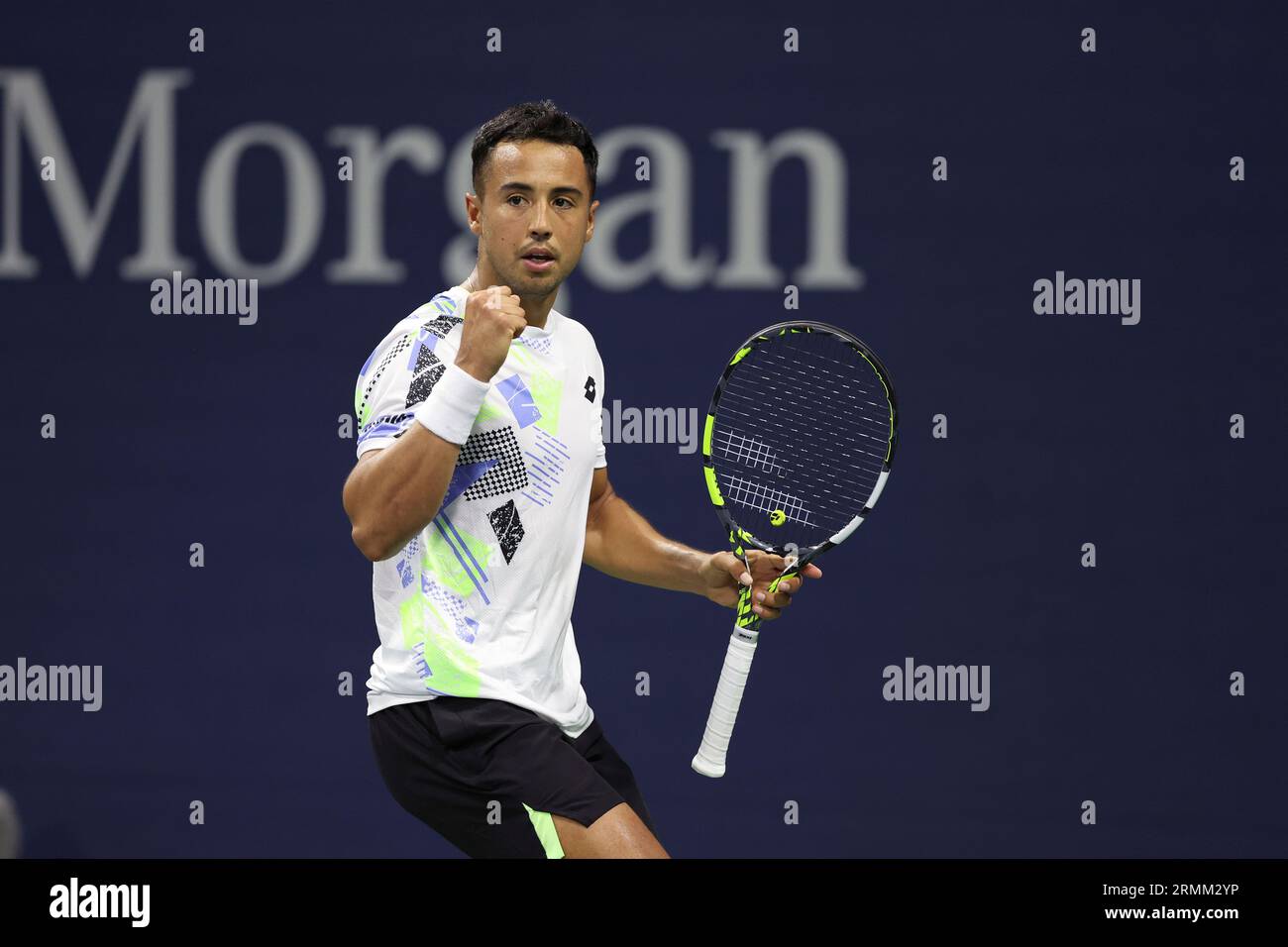 Hugo Dellien reacts during a mens singles match at the 2023 US Open, Monday, Aug