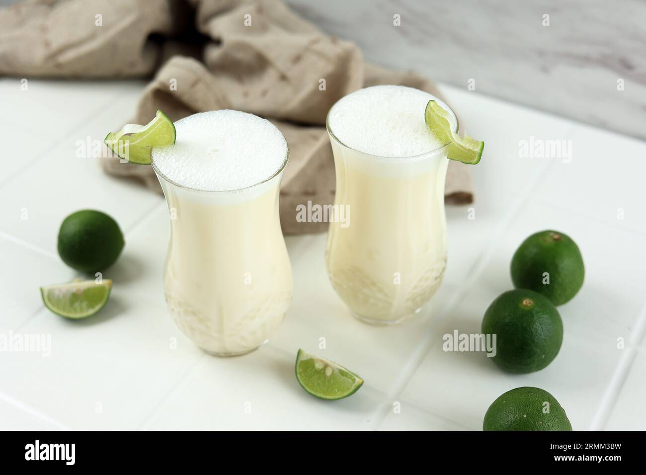 Fresh Asian Yogurt Drink Kefir, Ayran with Lime. Ayran, Homemade Summer Healthy Cocktail with
