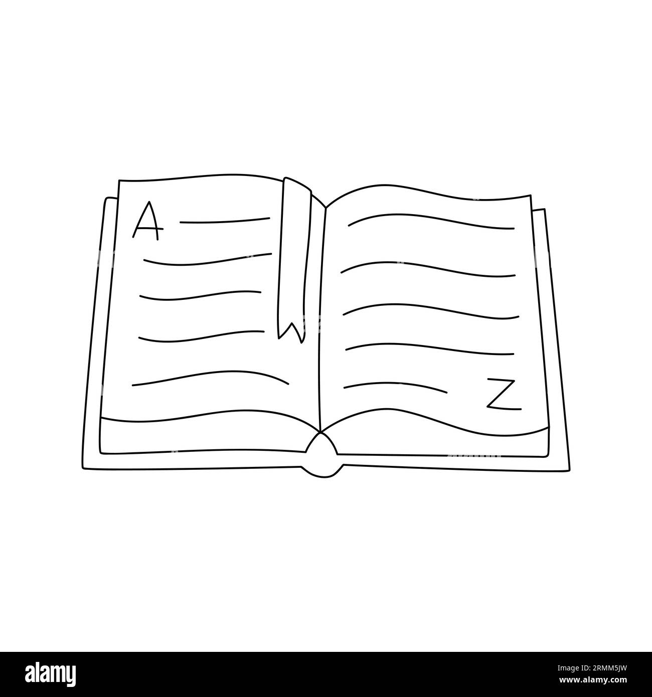 Outline open book lying on the table. Hand drawn dictionary with the letters A and Z. A textbook with a bookmark. Black and white doodle vector illust Stock Vector