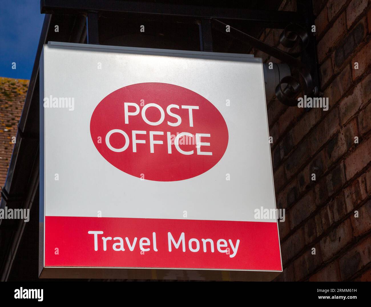 Post Office Travel Money wall sign Woodbridge, Sufffolk, England, Uk Stock Photo