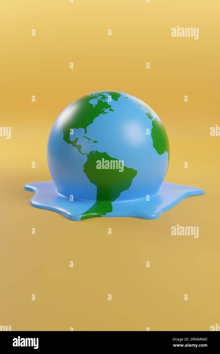 Planet earth melting isolated on yellow background. Global warming concept. 3d illustration. Stock Photo