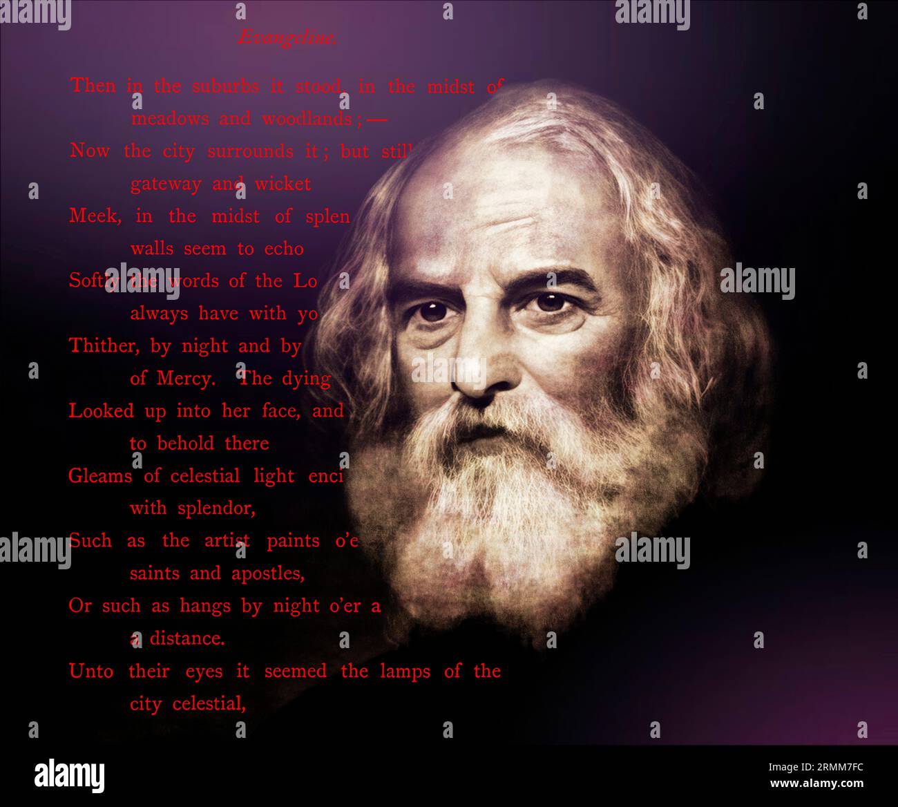 Portrait of Henry Wadsworth Longfellow, 1807 – 1882, American poet, text from Longfellow‘s poem Evangeline, A Tale of Acadie, digitally edited Stock Photo