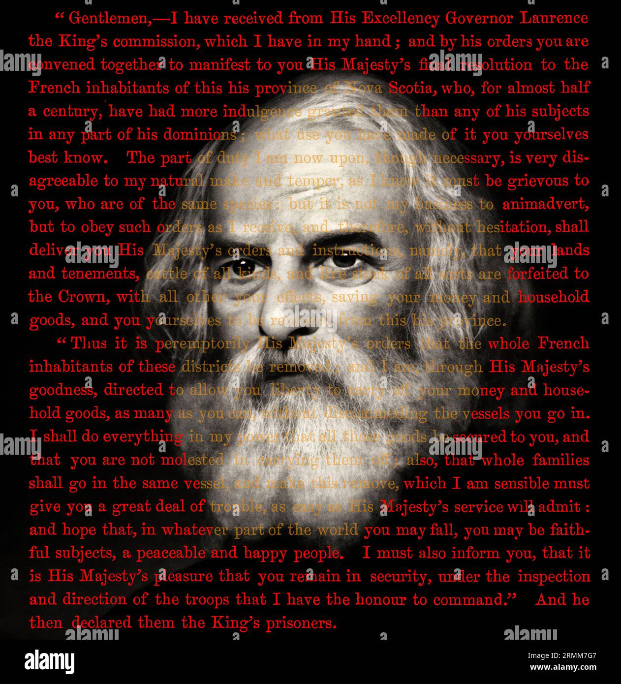 Portrait of Henry Wadsworth Longfellow, 1807 – 1882, American poet, text from Longfellow‘s poem Evangeline, A Tale of Acadie, digitally edited Stock Photo