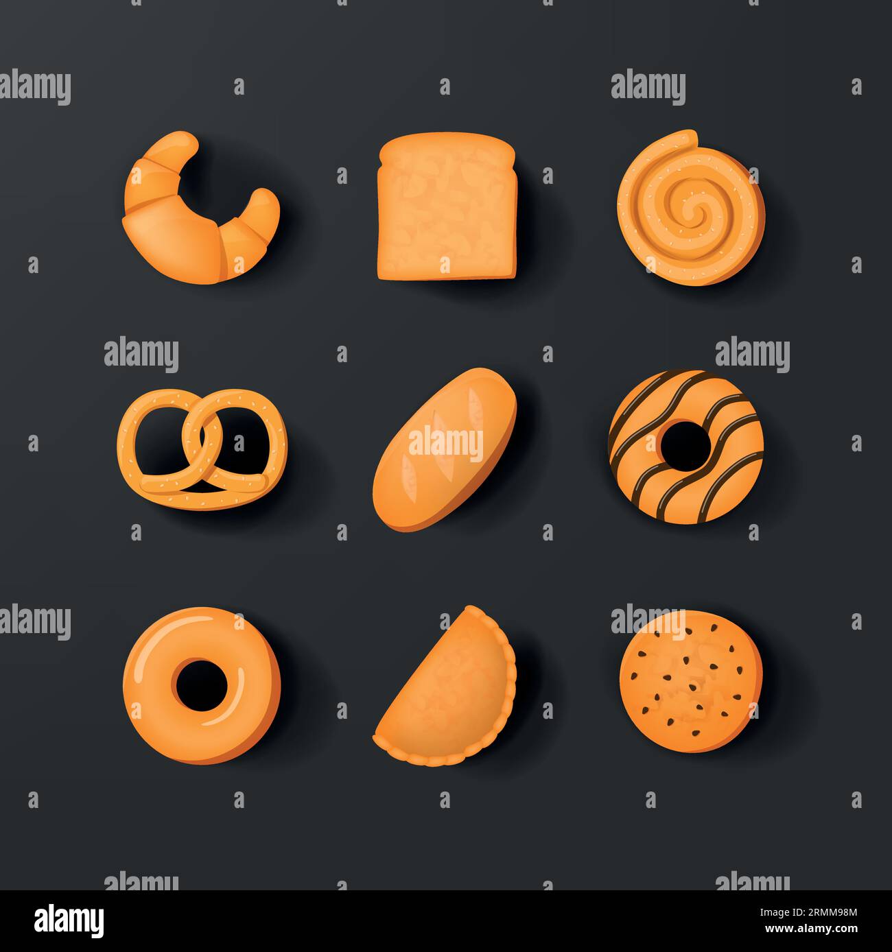 Bakery icon set in realistic 3d design. bread, donnut or cookie. Stock Vector