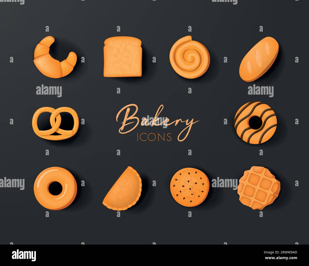 Bakery icon set in realistic 3d design. bread, donnut or cookie. Stock Vector