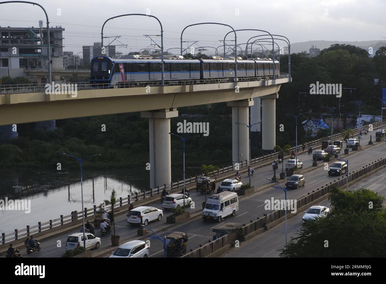 10 August 2023, Pune, Maharashtra, India, Metro runs on an overhead track, Vehicle moves along
