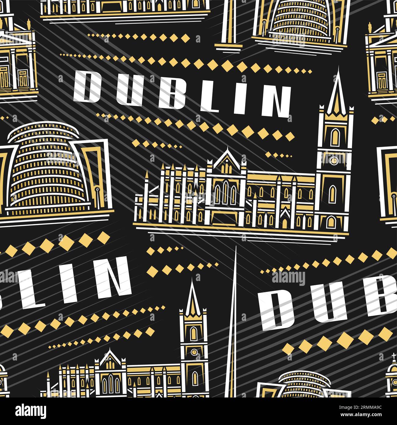 Vector Dublin Seamless Pattern, repeat background with illustration of famous european dublin city scape on dark background for wrapping paper, decora Stock Vector