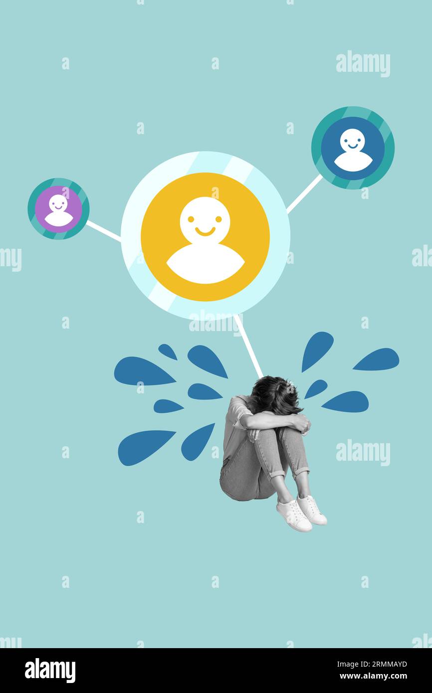 Painted sketch picture collage of sad woman hiding face bad emotions crying problem trouble isolated on blue color background Stock Photo