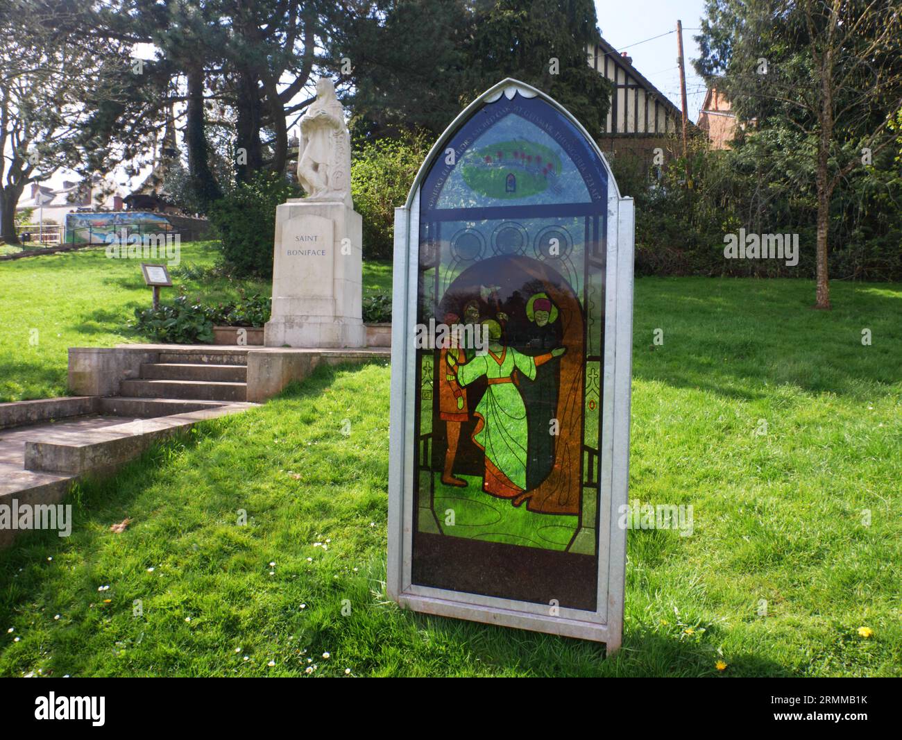 Glass panel depicting St Boniface felling Thor's oak, Meadow
