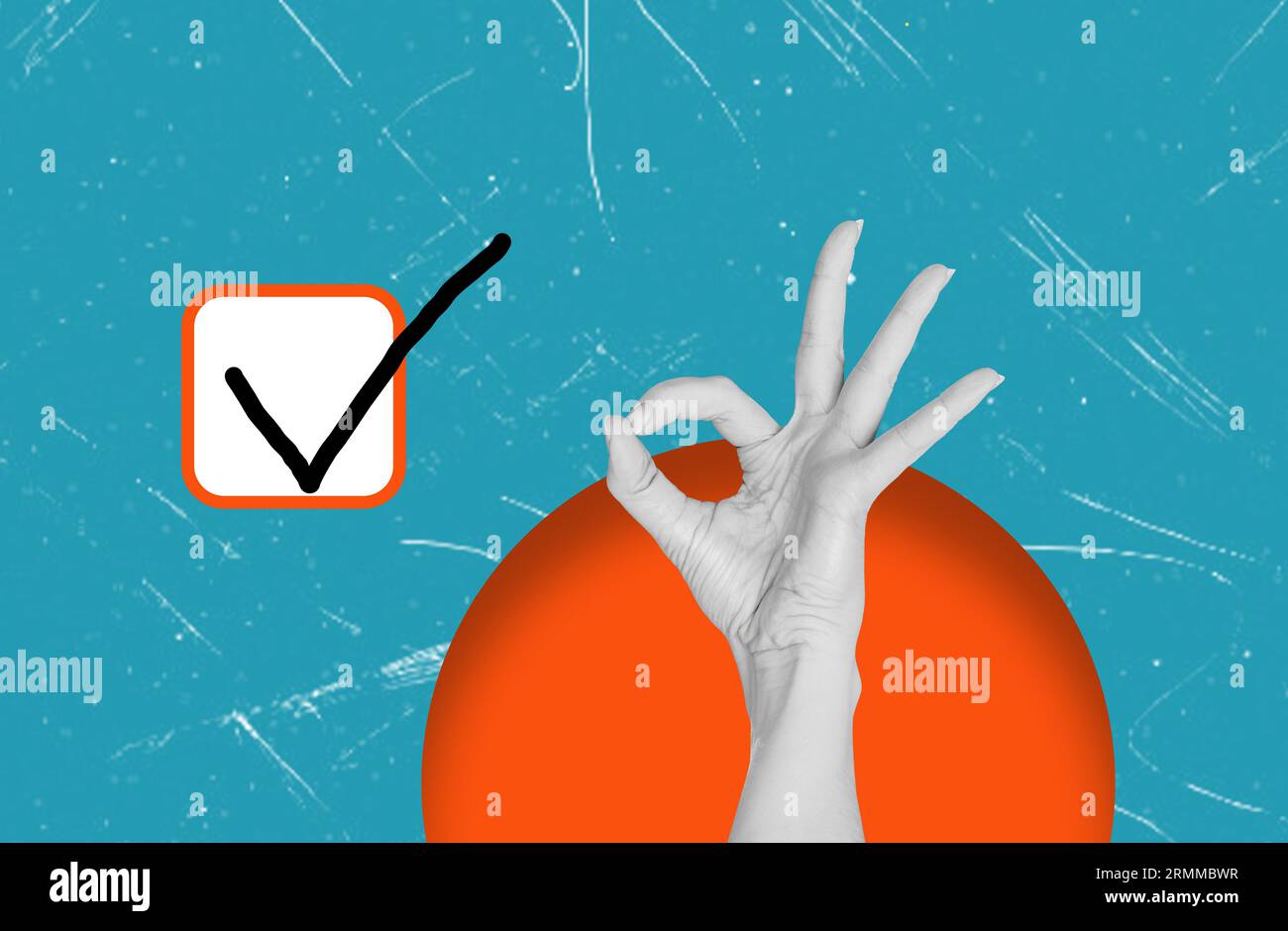 Art collage. A checkmark in a white square and a hand showing the 'all