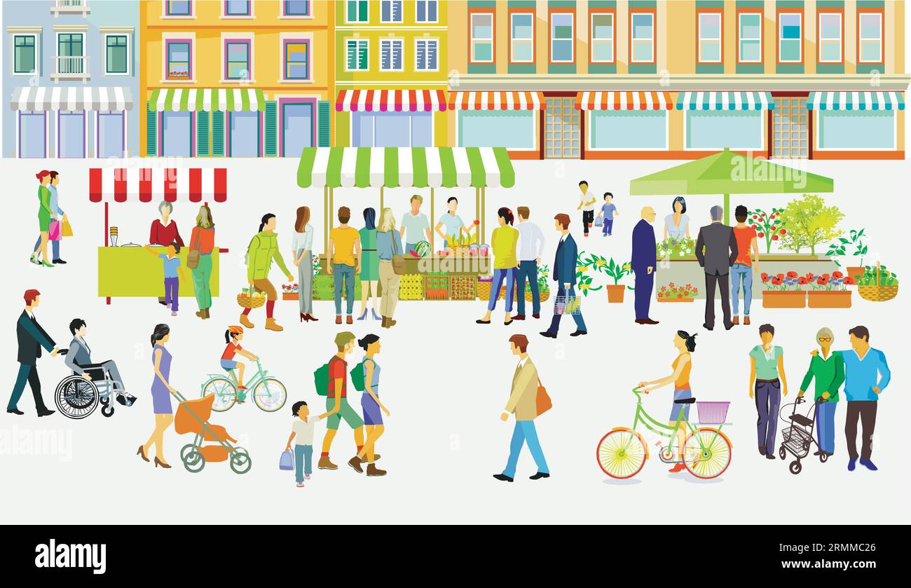 Weekly market in a shopping street, city life, illustration, Stock Vector