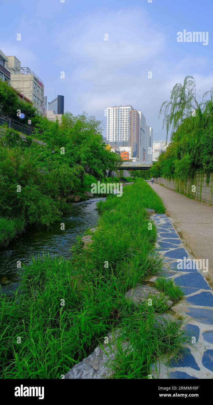Cheonggyecheon Stream is an 11 km-long stream that runs through downtown Seoul, South Korea Stock Photo