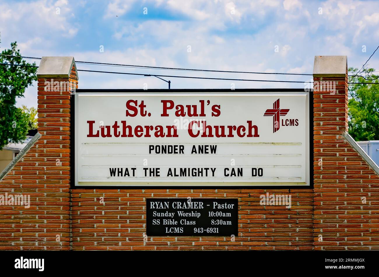 The St. Paul’s Lutheran Church sign is pictured, Aug. 19, 2023, in Foley, Alabama. The Gothic-style church was built in 1958. Stock Photo