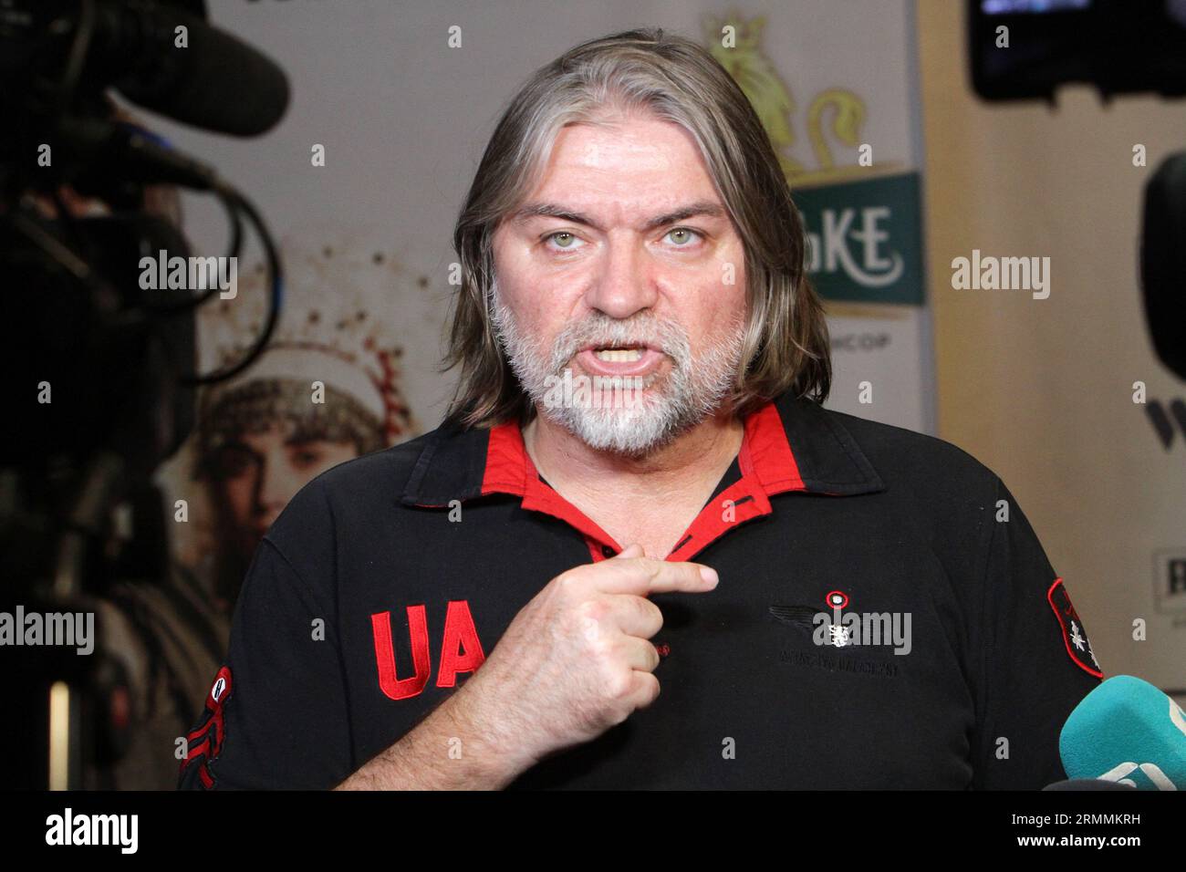 DNIPRO, UKRAINE - AUGUST 25, 2023 - Film director Oles Sanin speaks to the press before the special screening of the Dovbush film at the Most-Kino Cin Stock Photo