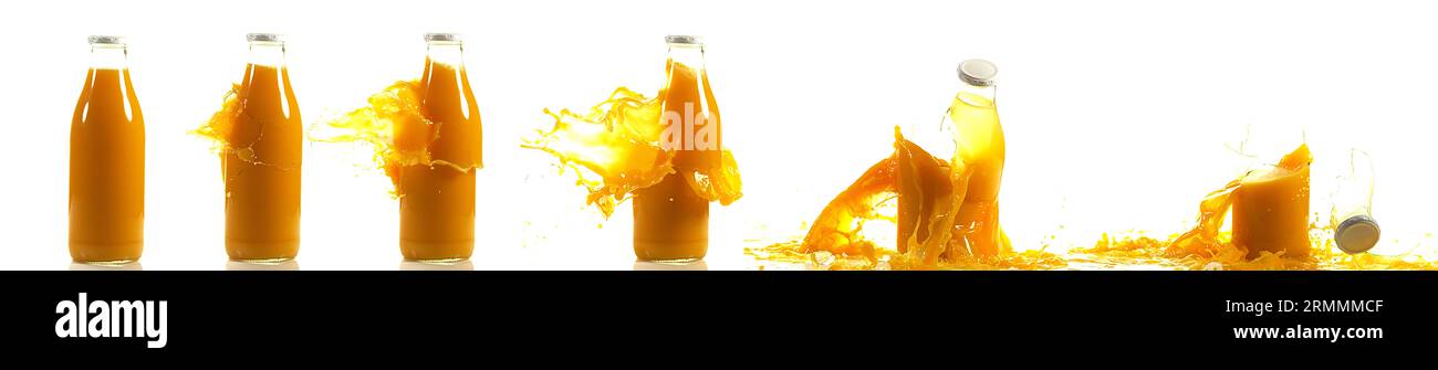 Bottle of Orange Exploding against White Background Stock Photo - Alamy